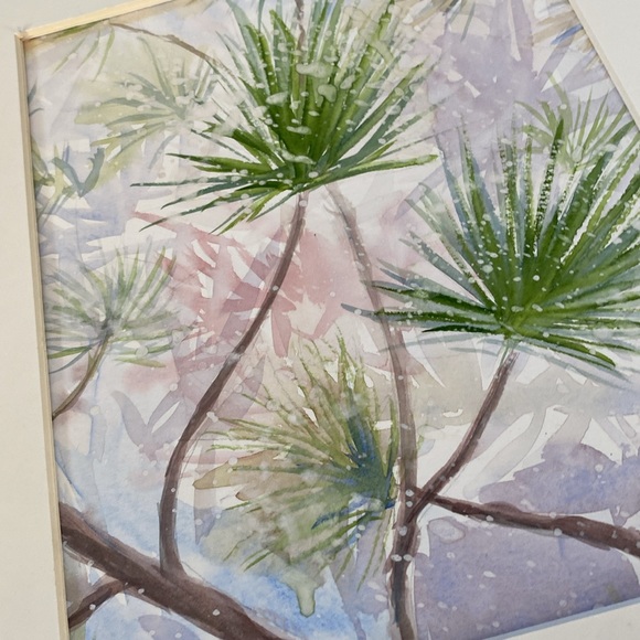 Original watercolour painting, pine needles in the snow, white mat included - Picture 2 of 3